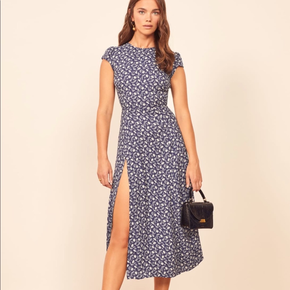 REFORMATION White and blue floral dress size small